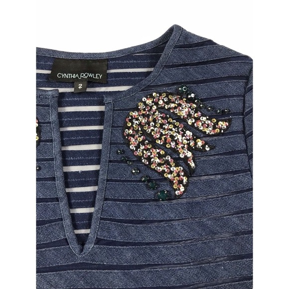 $290 Cynthia Rowley Indigo Denim Mesh Top 2 XS Blue Beaded V Neck Cocktail - Picture 5 of 8
